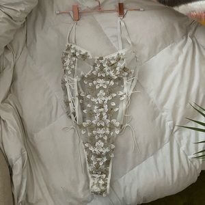 UNBRANDED Embroidered Mesh Floral Bodysuit Lingerie
